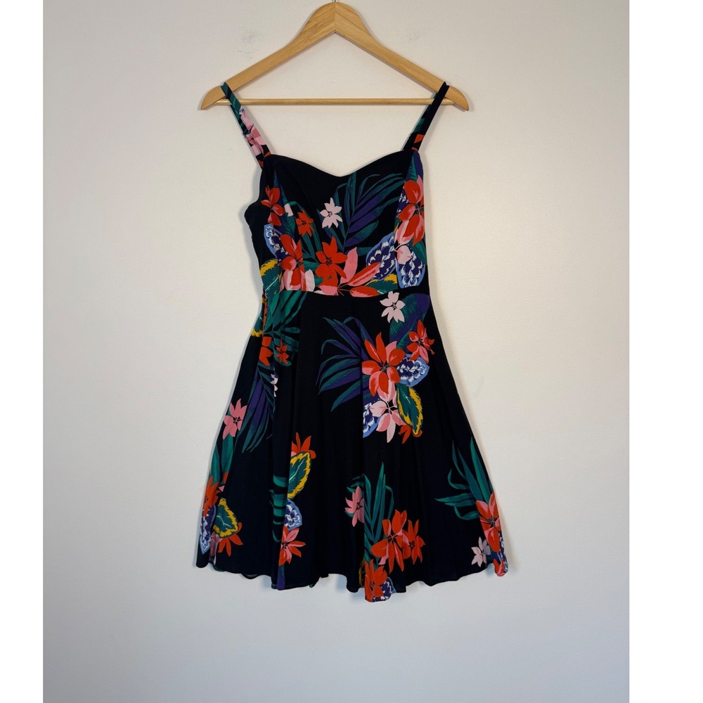 Tropical Floral Old Navy Womens Medium Cami Mini Dress Black Smocked Rayon Boho